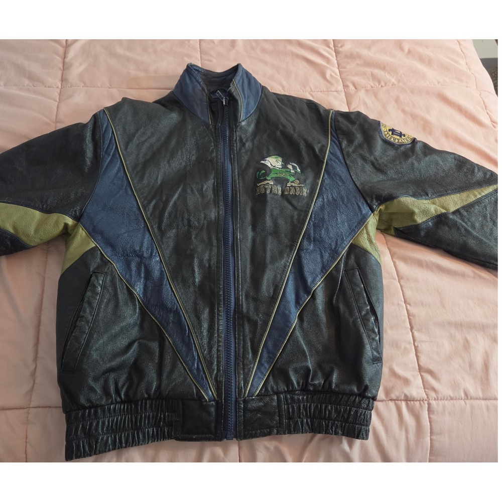 Vtg Pro Player Notre Dame Fighting Irish Leather Bomber Jacket Black Navy Gold